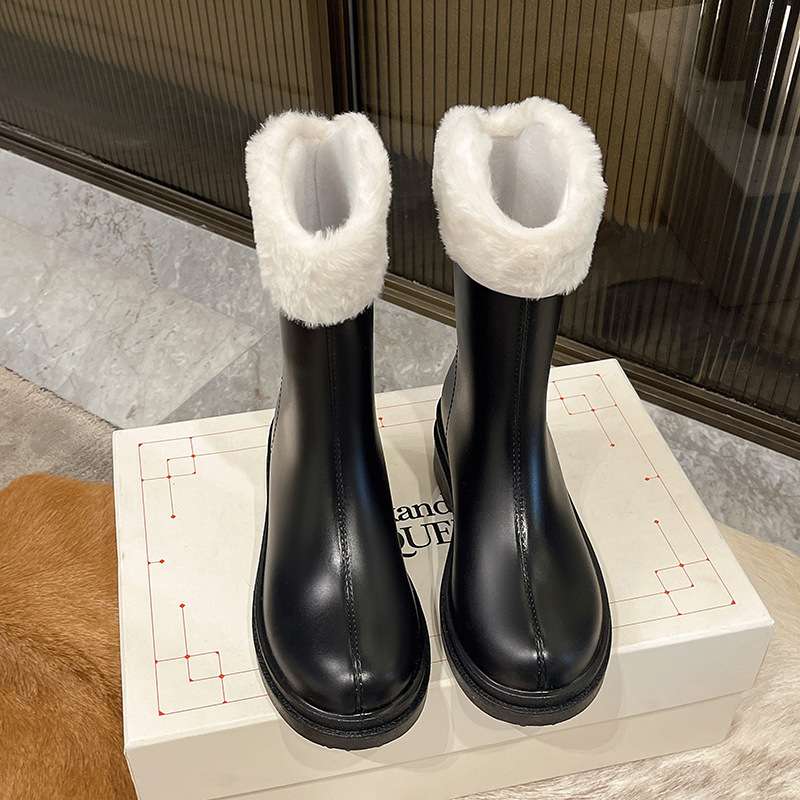 レディース もこもこ毛付き防水レインブーツ