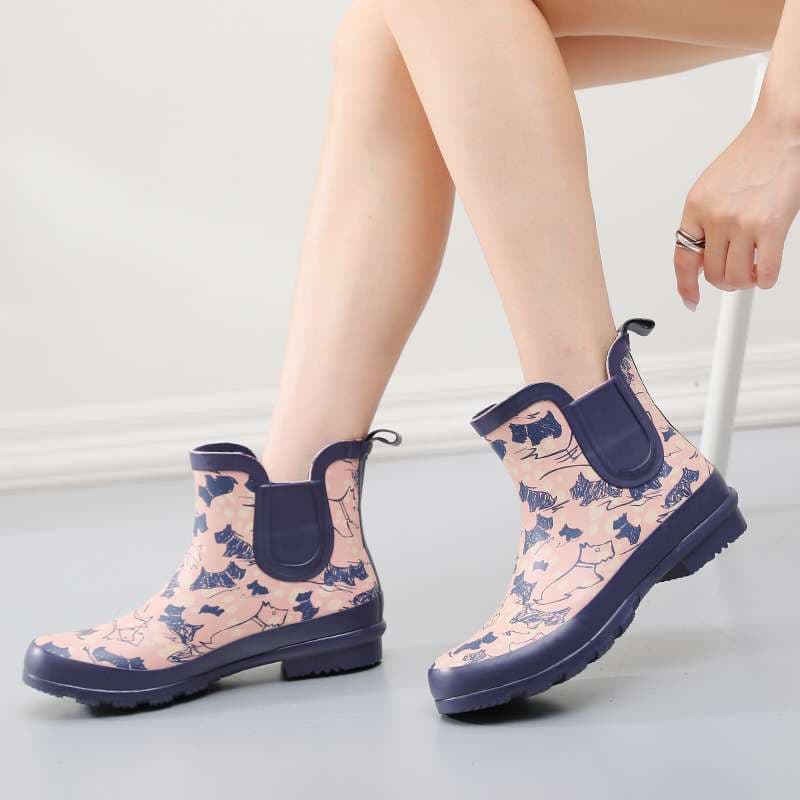 レディース猫柄ショート丈レインブーツ