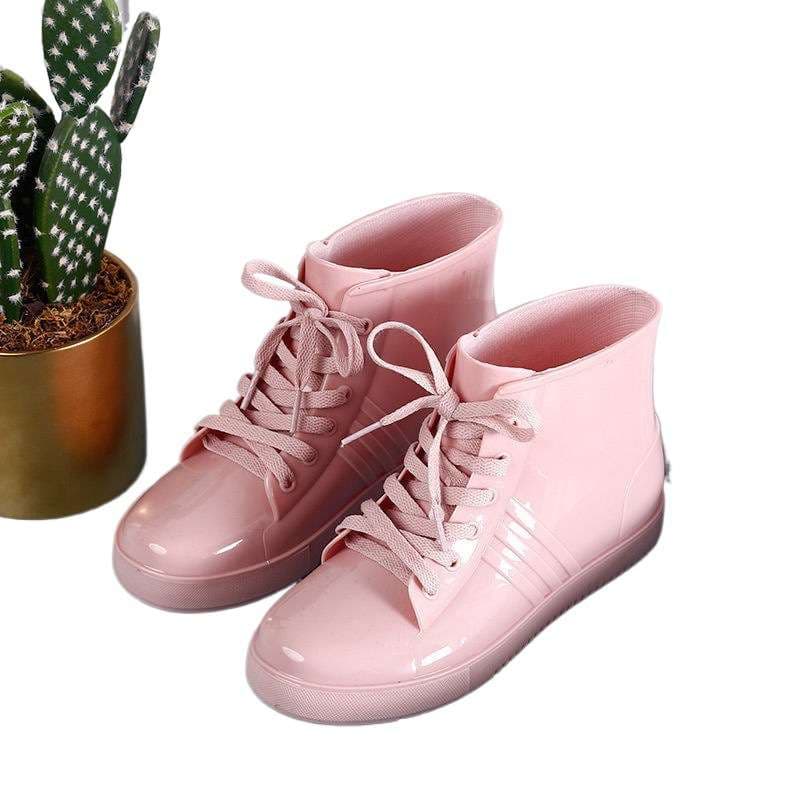 レディース雨靴 光沢防水紐付きショート丈レインブーツ